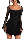 SOLY HUX Women's Lace Mesh Flare Long Sleeve Mini Dress Ruffle Flowy Party Cocktail Dresses Pure Black Medium