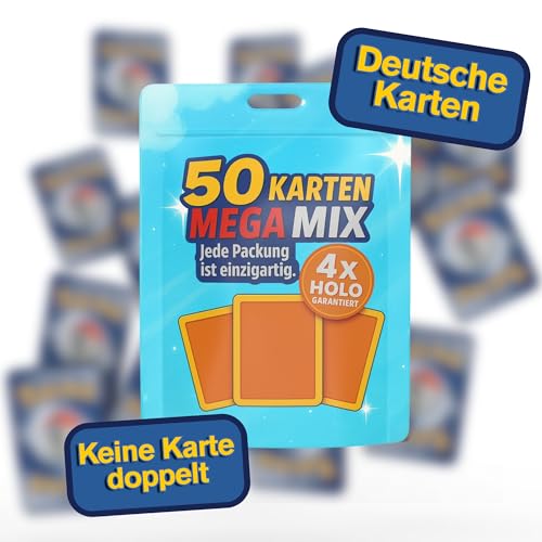 Cardmex Sammelkarten Set Mega Mix – 50 unterschiedliche Monster- & Trainer-Karten in Folienbeutel kompatibel mit Pokémon Karten – inkl. 4 garantierte Holo/Reverse Holo
