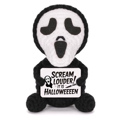 GIFTIARA Positive Halloween Doll, Cute Crochet Hockey Saw Scream Mask Dolls with Inspirational Card Cheer Up Funny Gag Gifts (Scream Mask)