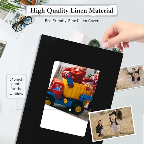 Image of Small Photo Album 4x6,Linen Cover Slide-in Mini Photo Album Book Can Holds 100 4x6 Photos with 50 Black Sheets for Baby Family Pictures Artwork or Postcards Storage (Black)