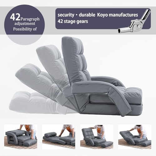 Image of Floor Chair for Adults with Back Support, 14-Position Adjustable Floor Sofa with Pillow & Armrests, Faux Leather Floor Lounger Chair for Gaming, Reading & Living Room (Grey)