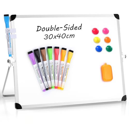 Thboxes Dry Erase Whiteboard A3, 30x40cm Small White Board with Stand, Double Sided Magnetic Desktop Whiteboard with 8 Pens, 6 Magnets, 2 Pen Holder,1 Eraser for Kids School Home Office