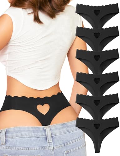 Derisaly Womens Seamless Thongs Underwear No Show Thong Wave-waisted Invisible Panties Comfy Heart Cutout for Ladies 6 Pack (Sleek Black 6Pack M)