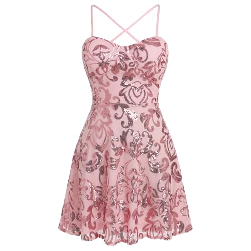 ODIZLI Women's Spaghetti Straps Sparkly Sequins A Line Swing Party Nightclub Dance Mini Dress Above Knee Length3