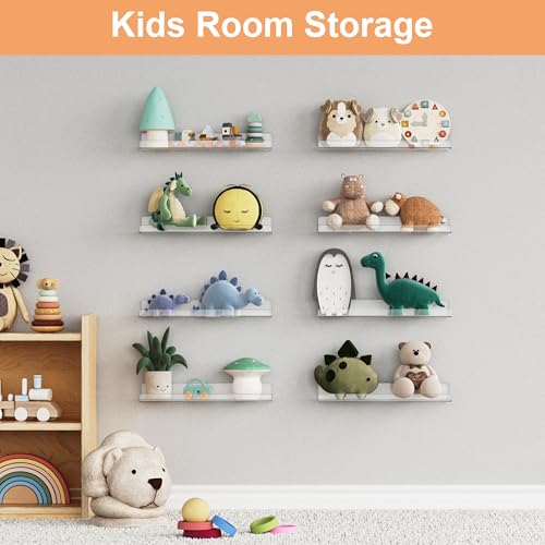 Image of upsimples 8 Pcs 15 inch Acrylic Shelves for Wall Display and Storage, Clear | Transparent Design Highlights Skincare, Perfume, Easy-to-Find Versatile Floating Shelves for Bathroom, Bedroom and Playroom