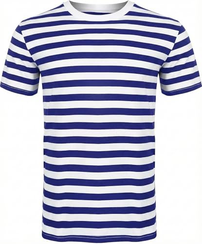 FAIRY TRENDZ® Men Women's Striped Cotton T-Shirt - Unisex Crew Neck Short Sleeve Stripes T-Shirt Casual Summer Top (Navy White, Small)