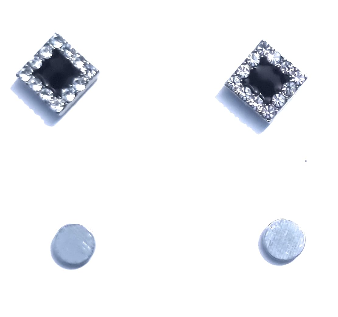 Square Black Magnetic Stud Earrings, 8mm Crystal Halo Design, Non-Piercing, Unisex Pack of 1