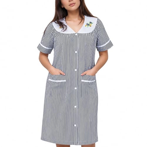 Image of Women's Short Sleeve Woven Snap-Front Closure Striped Embroidery Housecoat Duster Nightgown with Front Pockets