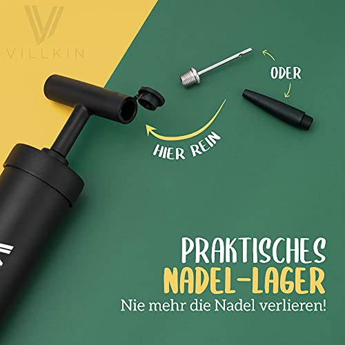 Villkin Ballpumpe mit Nadelfach im Griff - 4 Metallnadeln, 2 Kunststoffaufsätze, 1 Flexibler Schlauch - Luftpumpe für Fußball, Basketball, Volleyball, Handball - schwarz