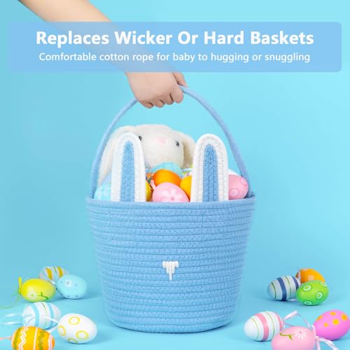 Image of CubesLand Blue Easter Baskets for Easter Eggs Hunt, Boys Easter Basket Lovely Bunny Basket Colorful Woven Basket First Easter Gifts for Boys Babies Kids Children 9.8 x 7.8 x 7.8 inch