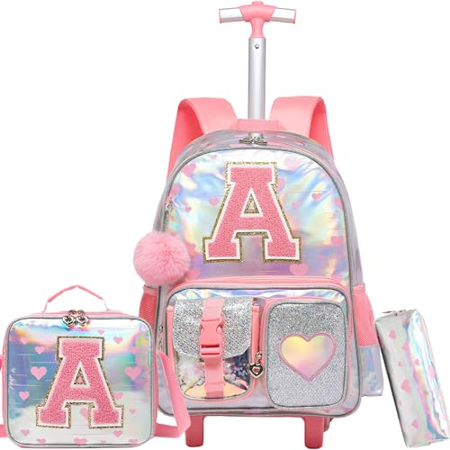 Meetbelify Rolling Backpack for Girls Backpack with Wheels for Elementary Student Kids School Bag with Lunch Box Pencil Case for Girls Ages 6-8 Years Old Purple