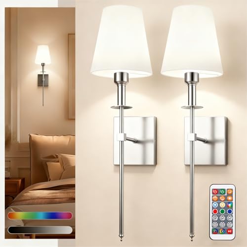 Image of DORESshop Battery Operated Wall Sconce Set of 2, Nickel Rechargeable Wall Lights, Sconce Wall Decor Set of 2, 7 Colors Mode Wireless Sconces for Bedroom Living Room Hallway