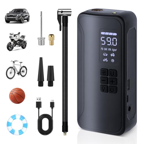VMUTGA Compresor de Aire Portátil 150 PSI/Inflador Digital con 22 Pistones, Parada Automática, USB-C y LED para Coche, Moto, Bicicleta y Más