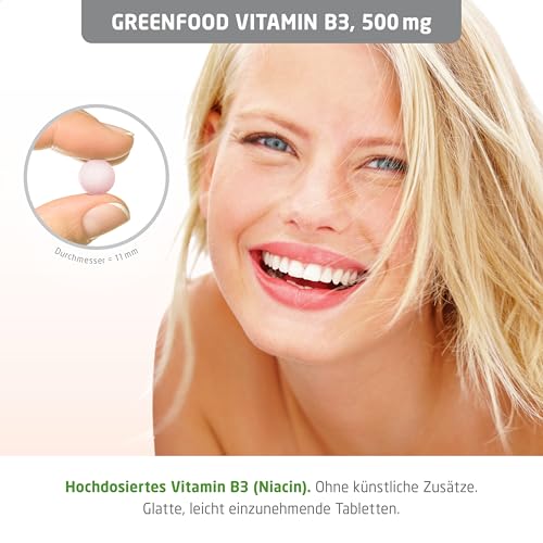 Vitamin B3 (mit Flush!), extra hochdosiert, 500mg - 180 Tabletten, vegan. Niacin - für Energiehaushalt, Balance & Vitalität. OHNE künstliche Zusätze - laborgeprüft. Von Greenfood.