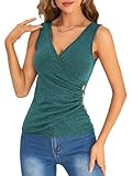 SweatyRocks Women's Wrap Ruched Tank Tops V-Neck Solid Button Design Slim Fit Casual Holiday Summer Tee Tops Green L