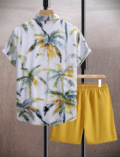 Image of Yimoon Men's Summer 2 Piece Outfits Tropical Print Short Sleeve Button Down Hawaiian Beach Shirt and Shorts Set