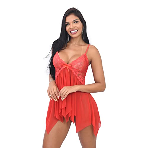 Lingerie Sexy Feminina - Kit 2 Conjuntos de Camisola Sensual com Renda e Laço e Calcinha Fio Dental