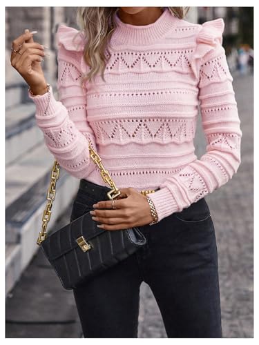 Image of GORGLITTER Women's Ruffle Long Sleeve Knit Sweater Hollow Out Crew Neck Fall Trendy Pullover Tops