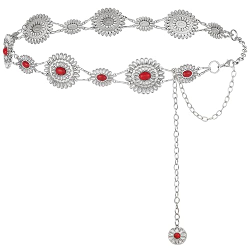 Image of FIORETTO Western Waist Chain Belt Metal Concho Belt for Women Cowgirl Cowboy Boho Country Belt for Dress Jean