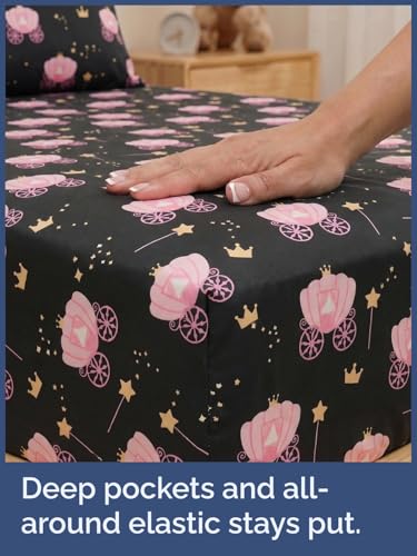 Image of Kids Twin Size Princess Carriage Bed Sheets - 3 Piece Kids Sheet Set | Princess Carriage Themed Bedding, Ultra-Soft, Cute & Cozy, Breathable & Machine Washable, Bed Set for Boys, Girls & Teens