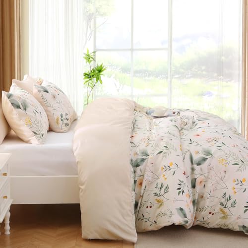 MUXHOMO Duvet Cover Queen Size, Reversible Floral Vintage Duvet Cover Set with Zipper Closure, 3 Pieces Botanical Patterns Soft Microfiber Bedding Set (90"x90", 2 Pillow Cases, Garden Leaves Beige)
