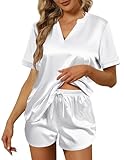 Picture of Ekouaer Silk Pajamas for Women Short Sleeve Satin Sleepwear Two-piece Pjs Set Soft V Neck Loungewear WhiteXXL
