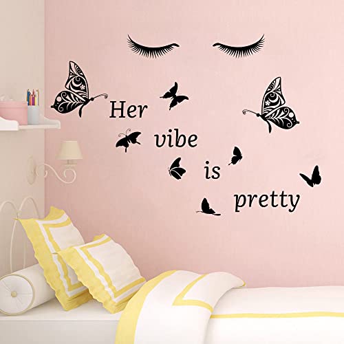 Her Vibe Is Pretty Wall Decals Vinyl Inspirational Wall Decal Quotes Butterfly Eyelash Stickers Motivational Sayings Black Positive Lettering Wall Decals For Woman Girls Bedroom Living Room Bathroom #TOP1