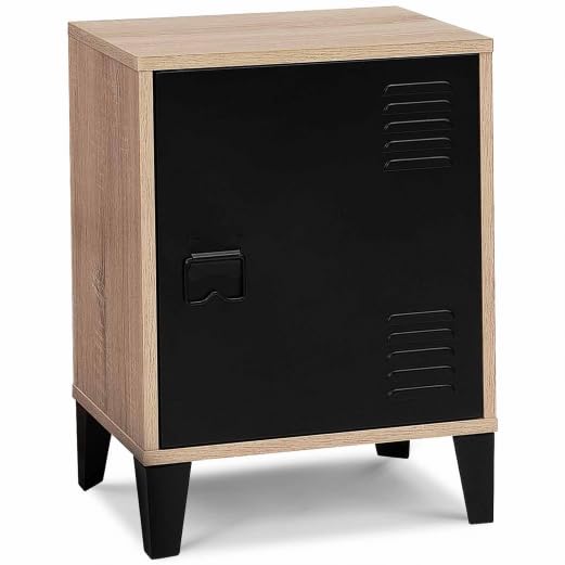 IDMarket – Mesita de noche Ester efecto madera 1 puerta metal negro diseño industrial