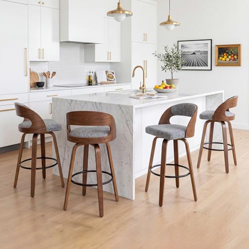 Image of AQG Swivel Bar stools Set of 4 Bar Chairs 26 inch Counter Height Mid-Century Modern Bentwood Barstool Faux Linen Upholstered Bar Chair with Back and Footrest, for Bar, Cafe, Dining, Kitchen Island, Gray