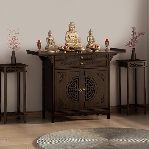 LHIUGE Altar Cabinet, Altar Table with Storage, Bamboo Pooja Table for Home, Personal Shrine Stand Prayer Meditation Table for Living Room Bedroom Office Style1 31.5in*39.3in*15.7in