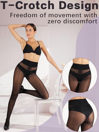 DancMolly Sheer Tights for Women High Waist Black T-Crotch Stockings, 2 Pairs2