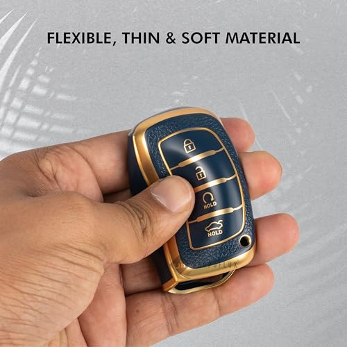 Image of SHOPOFLUX TPU Leather Key Cover Compatible with Hyundai Alcazar and Creta Car 4 Button smart Key (Blue Gold)