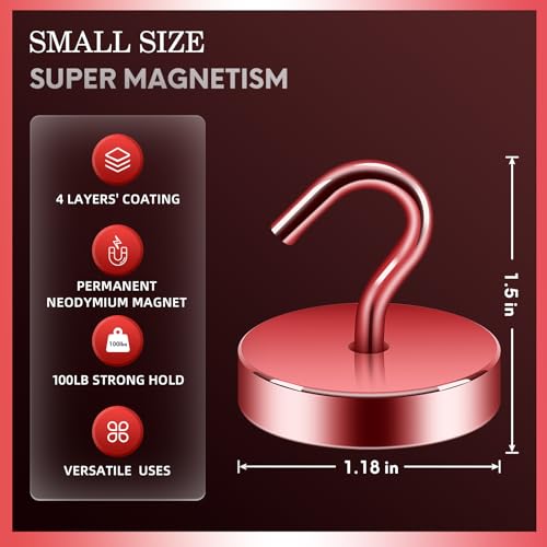 Image of Neosmuk Magnetic Hooks Steel Tube Design for Cruise,100lb+ Red,10 Pack | Cruise Ship Essentials,Heavy Duty Magnett Hooks for Cabins, Refrigerator, Grill, Hanging, and Travel Extra Strong Must-Haves