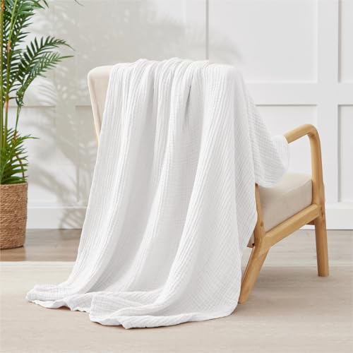 100% Cotton Muslin Blanket Large 50" x 70", 6 Layers Breathable and Lightweight Cotton Blankets for Bed and Couch, Quilt Bedspread, Gauze Throw for Adults, White