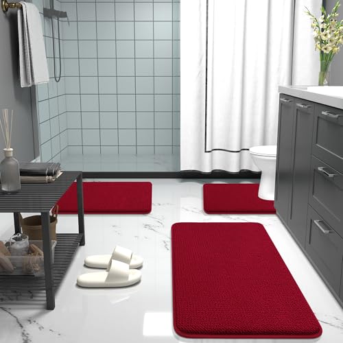 Image of OLANLY Thick Memory Foam Bathroom Runner Rugs 44x24, Extra Soft Absorbent Long Bath Rug, Quick Dry Bath Mats, Non-Slip, Machine Washable Mat for Bathroom, Tub and Shower, Home Decor Accessories, Red