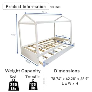Twin Size House Bed with Trundle for Kids, Girls and Boys,Twin Size Bedframe w/Can Be Decorated & Roof,No Box Spring Needed, White Twin Size House Bed with Trundle for Kids Girls and BoysTwin Size Bedframe wCan Be Decorated RoofNo Box Spring Needed White