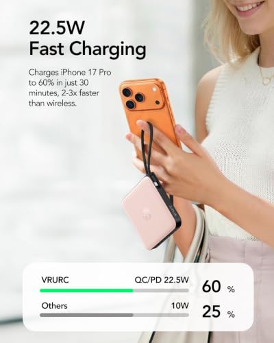 Image of VRURC Portable Charger for iPhone Built-in Cables, 22.5W USB C Fast Charging 10000mAh Pocket Power Bank, Battery Pack for iPhone 17 /16 /15 & Samsung Galaxy Android Phone, Pink(1 Pack)