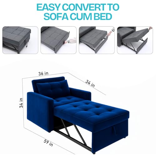 Image of FURNY Tressa 1 Seater Pull-Out Premium Fabric Sofa Cum Bed Sofa Set for Living Room (Blue Fabric)