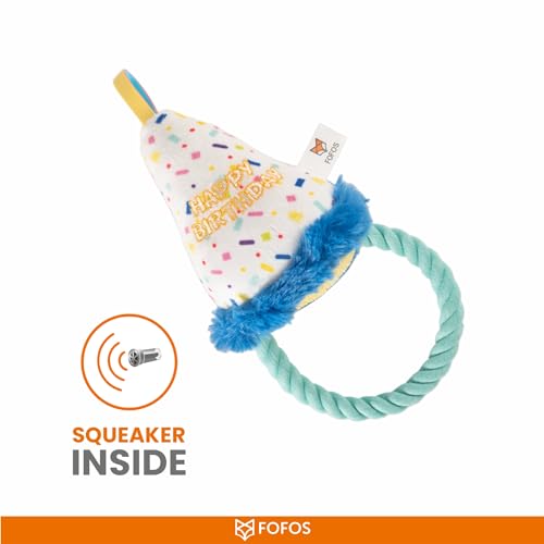 Image of BarkButler x FOFOS Birthday Hat Plush Dog Toy - Multicoloured, Squeaky Toys with Rope, Soft Toys for Dogs,for Small Dogs and Medium Dog Breeds (0-20kgs)