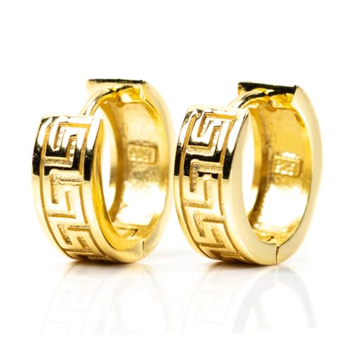 Small Solid 14K Yellow Gold 925 Sterling Silver Men's Women's Trendy Hypoallergenic Unisex Greek Key Pattern Huggie Hoop Earrings Jewelry Gifts for Men Women