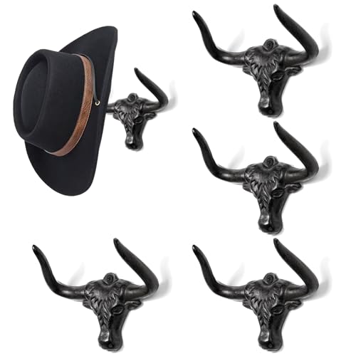 Opiniones de Ganchos para sombreros los preferidos por los clientes. 50 Filano - Juego de 4 soportes para sombreros de vaquero para pared, diseño de vaquero de cuerno largo occidental, de hierro fundido, rústico, clásico, para colgar sombreros, para...