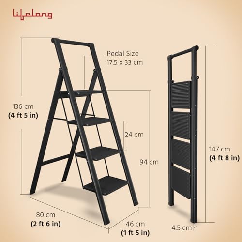 Image of Lifelong 4 Steps Steel Ladder with Handle for Home, Foldable & Portable Stairs, Versatile Use for Kitchen, Bathroom & Office Foot Stool - Multipurpose Step Stool with 150 Kg Capacity (LLSLH04, Black)