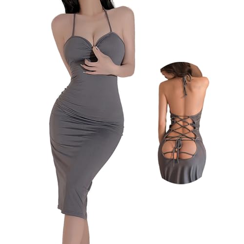Damen Minikleid mit tiefem V-Ausschnitt, Neckholder, rückenfrei, für Damen, Party, Nacht, sexy, Club, figurbetont, Grauer langer Rock,...
