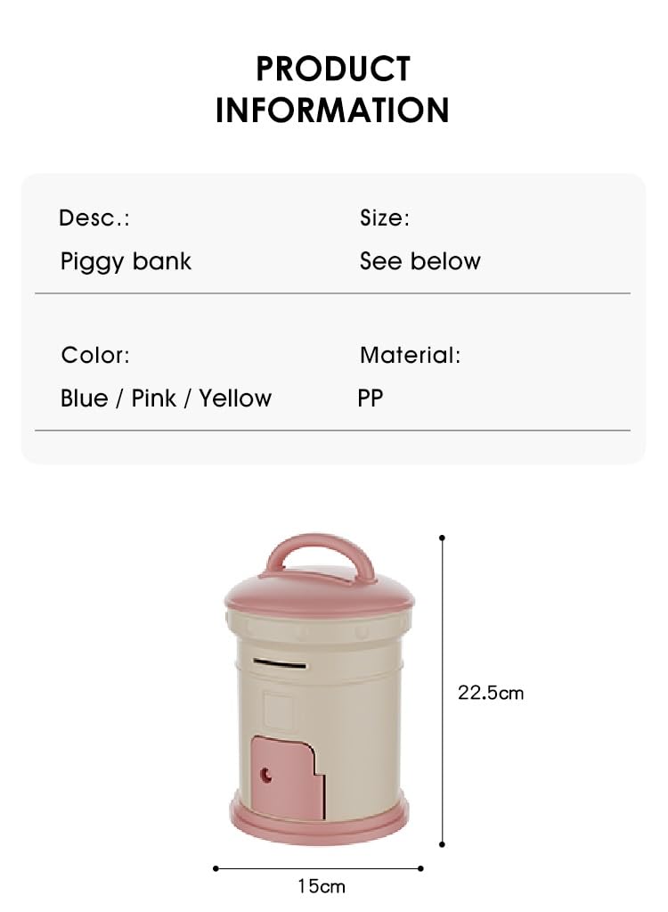 Cortina Post Box Design Piggy Bank for Kids & Adults – Plastic Coin Saver with Handle & Keys, Money Box Gift Item for Kids Ages 3+ (Pink, Pack of 1) 1