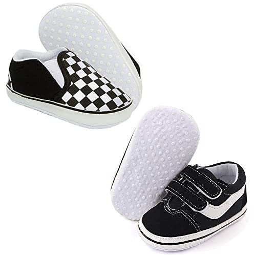 Image of Clowora Unsex Baby Boys Girls Canvas First Walkers Shoes,Newborn Infant Non Slip Soft Sole Crib Casual Sneaker,Baby Toddler Flat Lazy Loafers Shoe 3-18 Months (2Pairs/02Black+03Black, 3_months, 6_months)