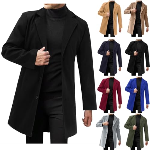 Mens Trench Coat Big and Tall Notched Lapel Single Breasted Pea Coats Business Button Down Jackets Fall Work Topcoat