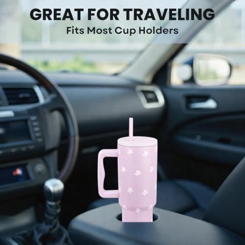 Image of Stainless Steel 1200 ml Vacuum Tumbler with Lid & Straw - Double‑Wall Insulated Cup for Travel, Gym & Office - Keeps Beverages Hot or Cold - 1.2 L Capacity (Pink Tiny Flower)