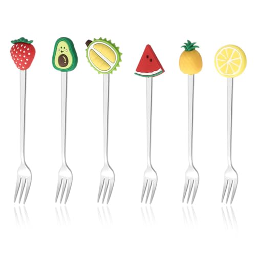 GGUFAY Pinchos de Fruta/Pastel/Ensalada para Casa y Restaurante, Bonitos Palillos de Caricatura para Fiestas, Accesorios, 6 Piezas con Tenedores, Mango de Silicona, Acero Inoxidable