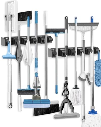 AceMining Balai Mural, Porte Balais Mural avec 5 supports et 6 crochets, porte-outils de jardin, en plastique ABS, épais et durable, Serrage à vis, pour maison cuisine garage (Noir, 2 PACK)