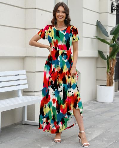 Image of COSSEN Women's Crew Neck Short Sleeve Maxi Dress with Pockets Casual Loose Swing for Wedding Guest Beach Vacation